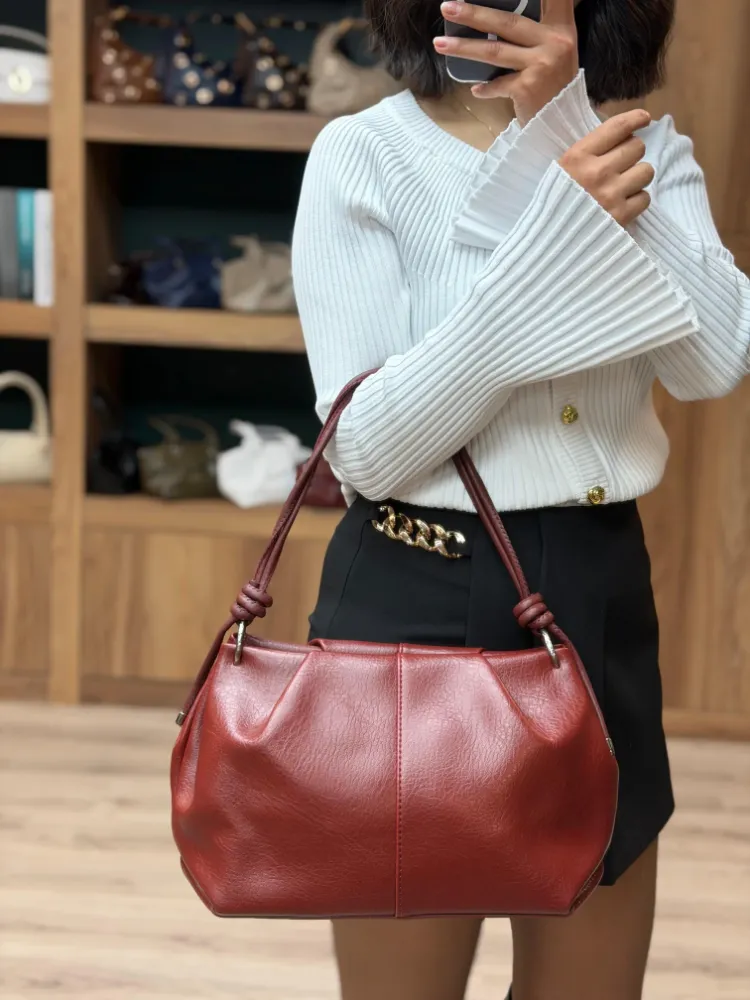 Pileli Düğüm Detaylı El ve Omuz Çantası