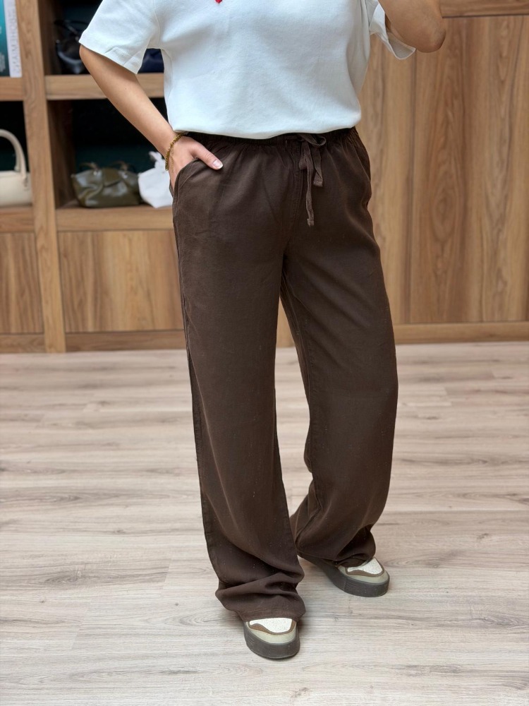 Beli Lastik Ve İp Bağlamalı Bol Paça Tensel Pantolon - KAHVE