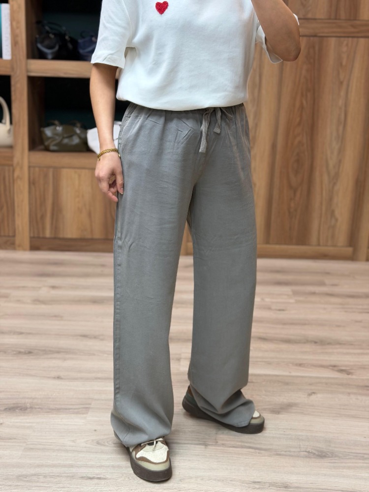 Beli Lastik Ve İp Bağlamalı Bol Paça Tensel Pantolon - GRİ