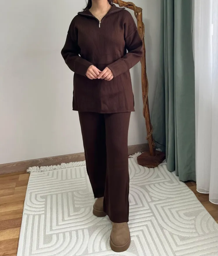 Fermuarlı Triko Takım - KAHVE