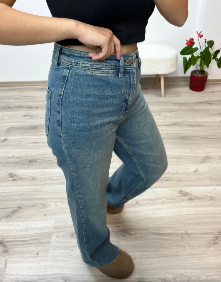 Bol Paça Palazzo Kot Pantolon - ORTA MAVİ