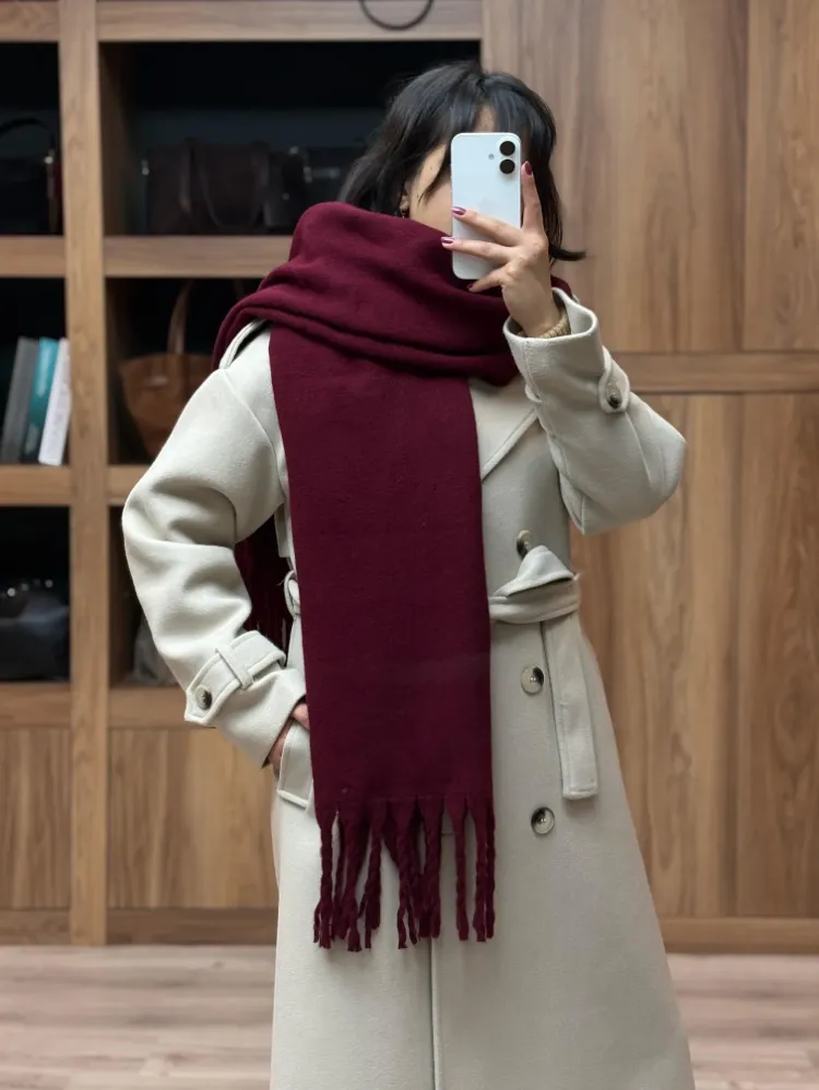Düz Renk Püsküllü Yumuşak Atkı - BORDO