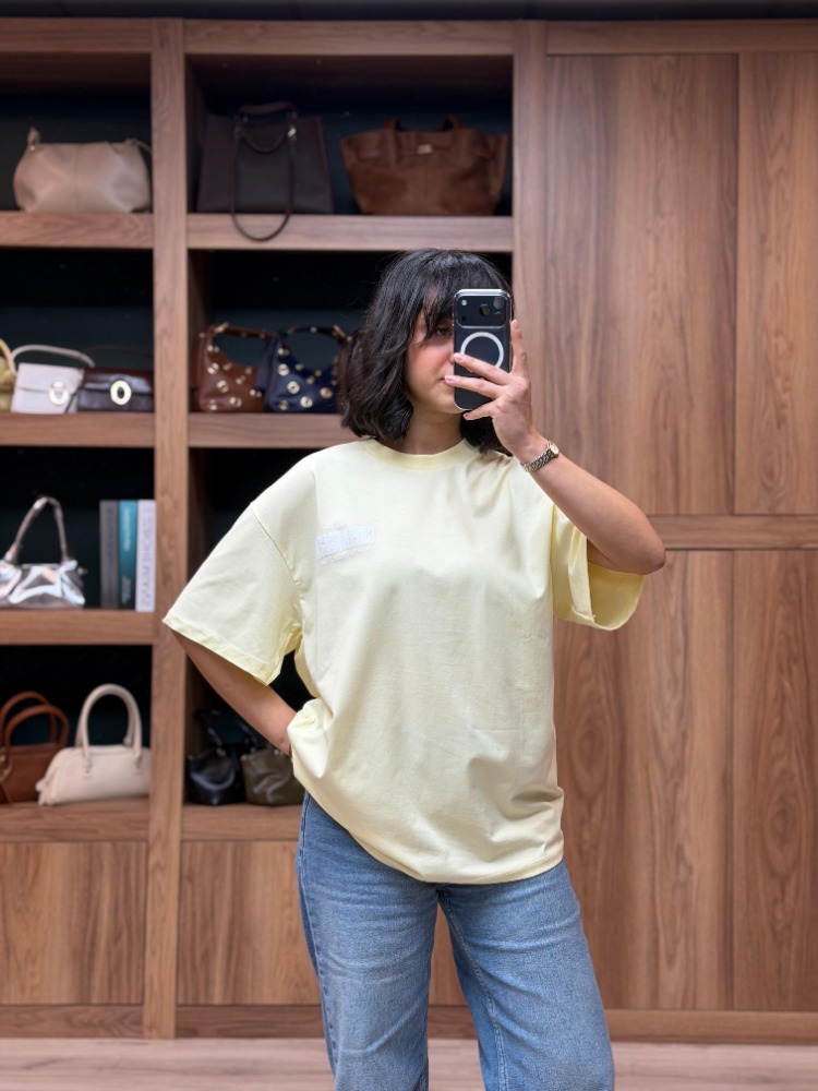 Bisiklet Yaka Oversize Baskılı Tişört- Sarı