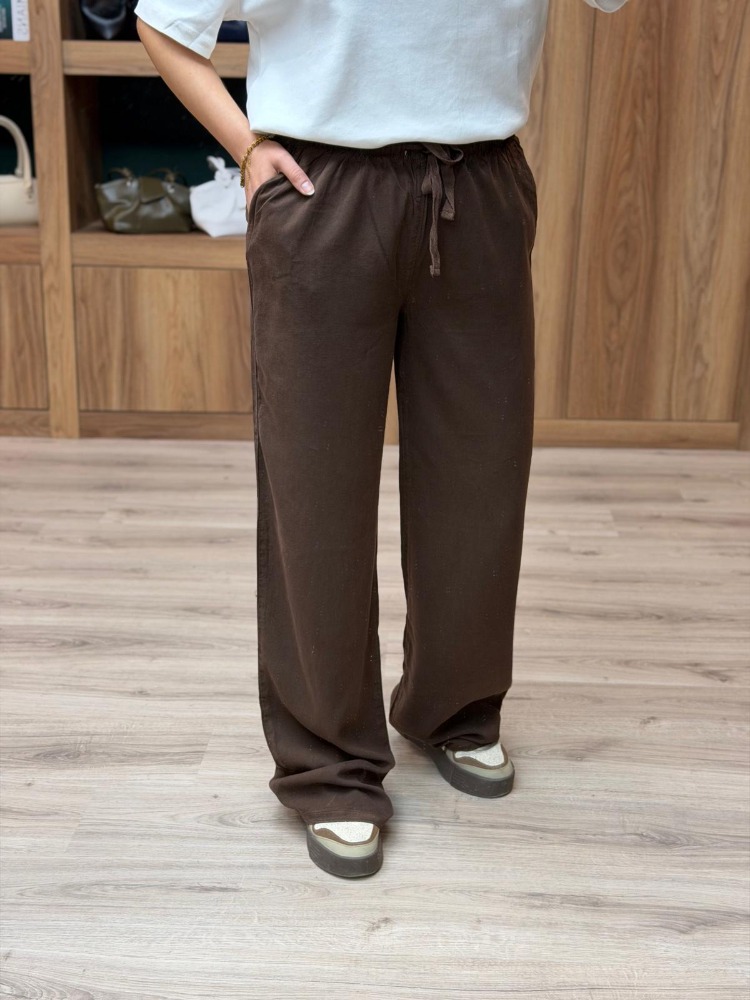 Beli Lastik Ve İp Bağlamalı Bol Paça Tensel Pantolon - KAHVE