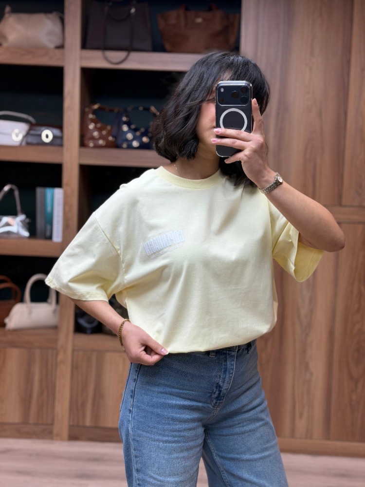 Bisiklet Yaka Oversize Baskılı Tişört- Sarı