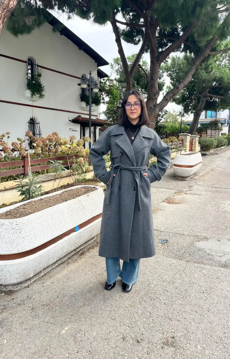 Çift Düğmeli Kemerli Kaşe Kaban - GRİ