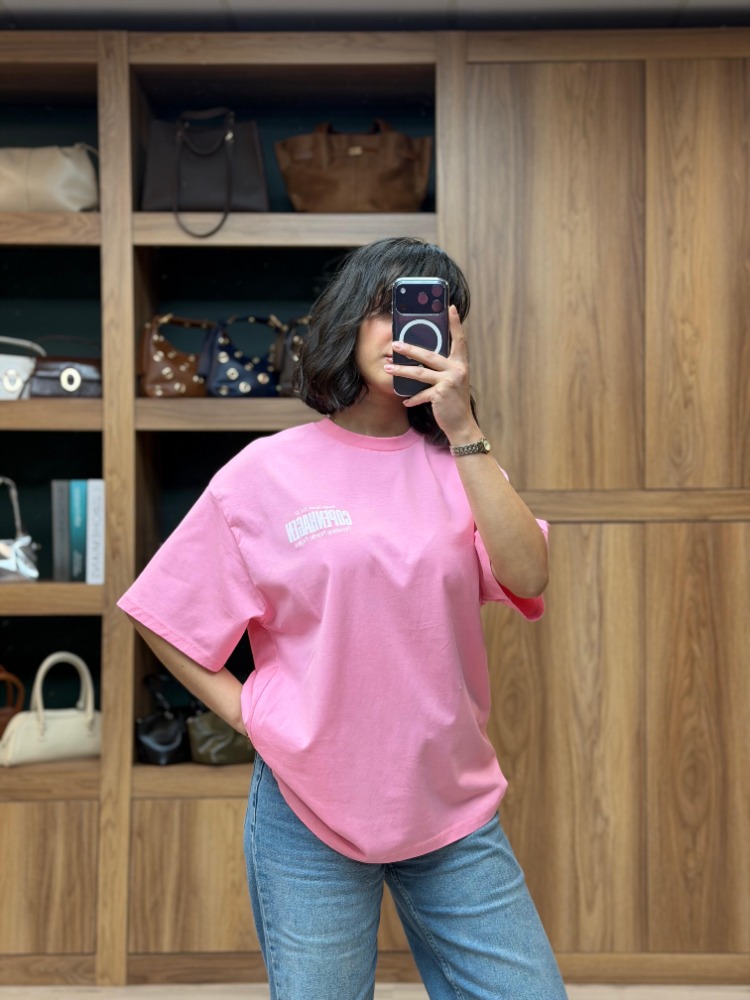 Bisiklet Yaka Oversize Baskılı Tişört- Pembe