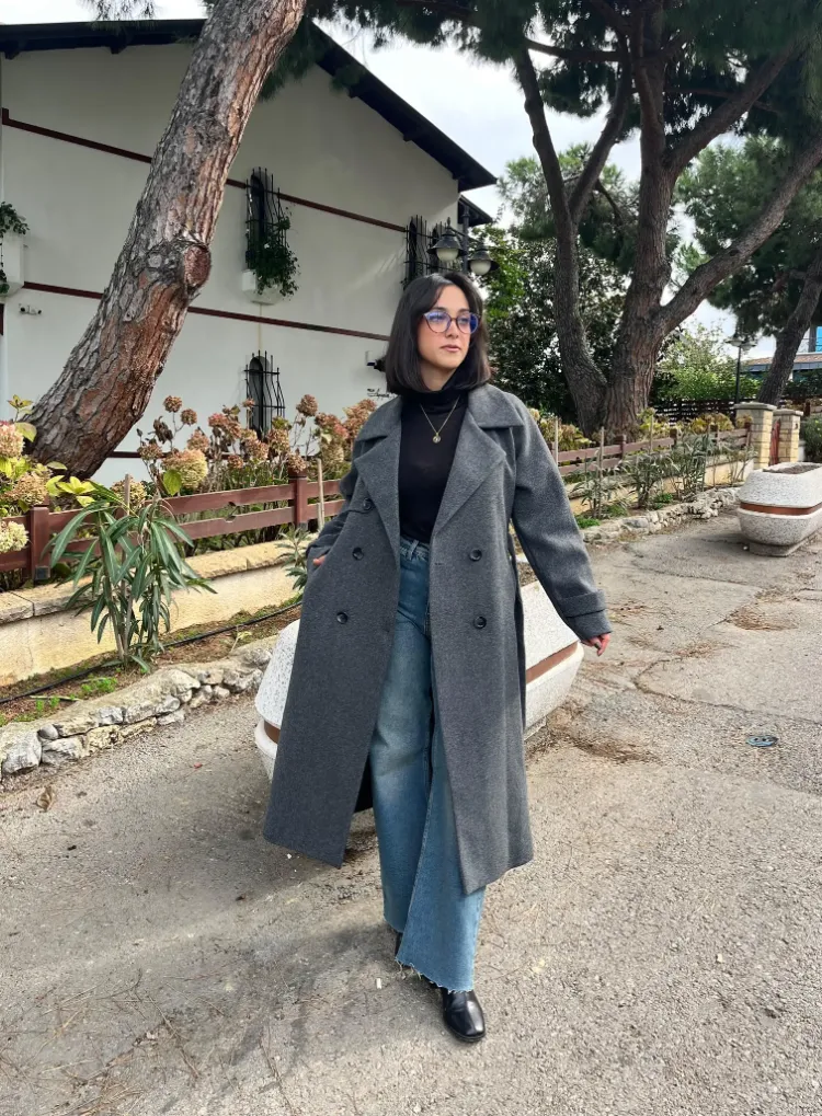Çift Düğmeli Kemerli Kaşe Kaban - GRİ