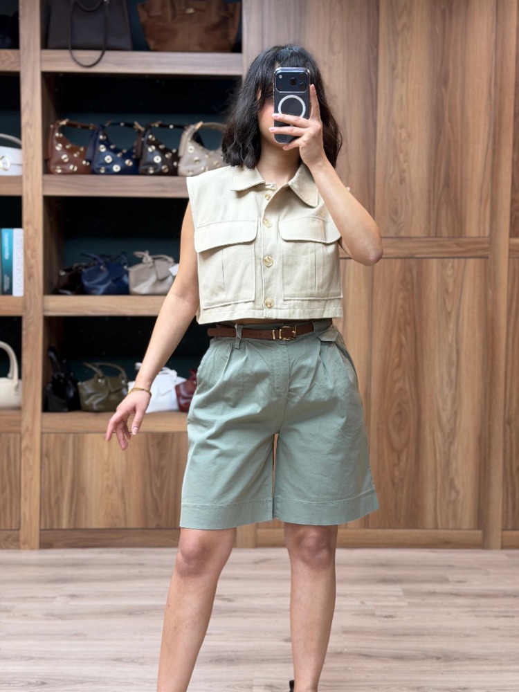 Beli Kemerli Licralı Gabardin Midi Boy Şort - HAKİ