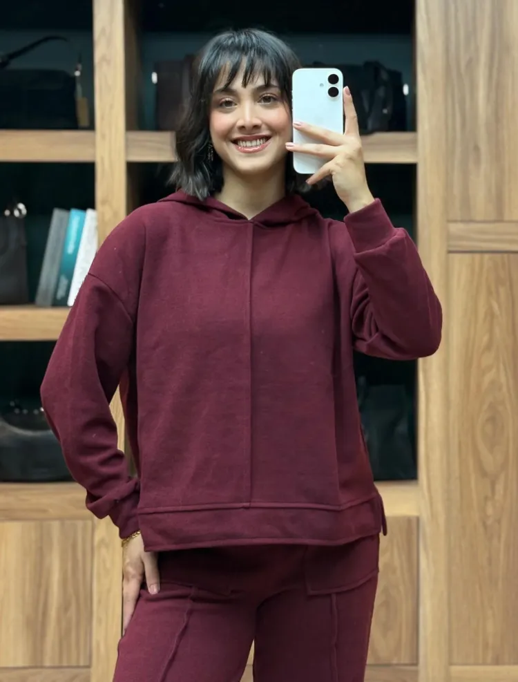 Önü Kısa Arkası Uzun Kapşonlu Pantolonlu Selanik Takım - BORDO