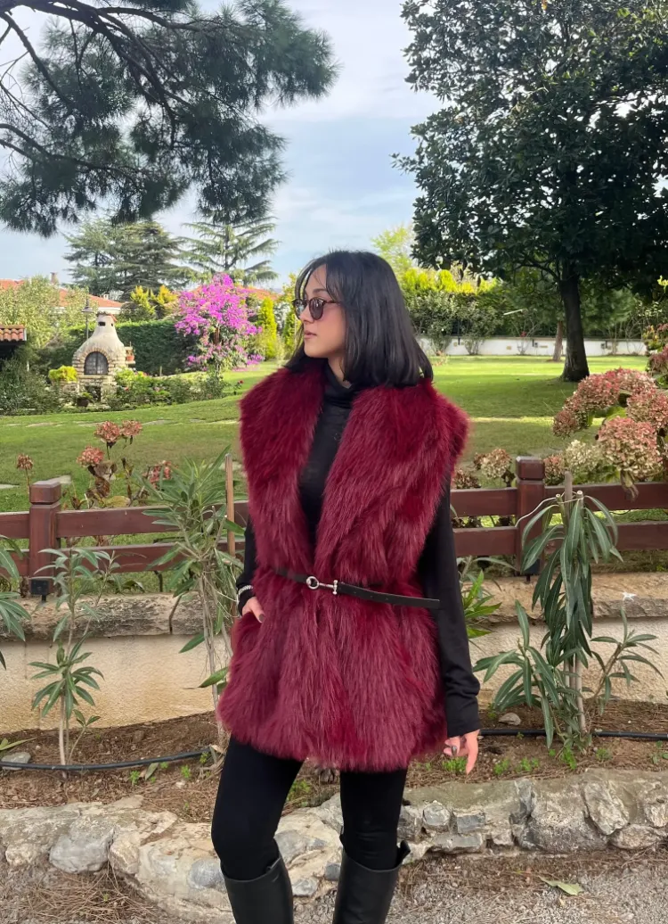 Kemerli Kürk Yelek - BORDO