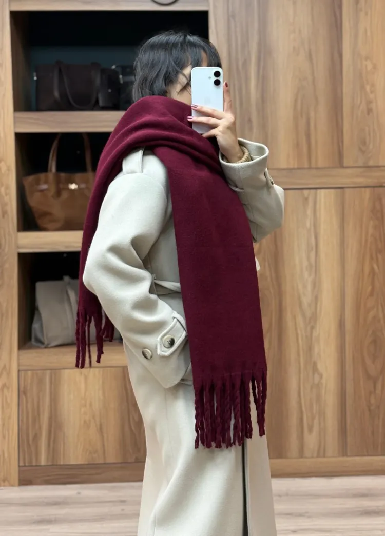 Düz Renk Püsküllü Yumuşak Atkı - BORDO