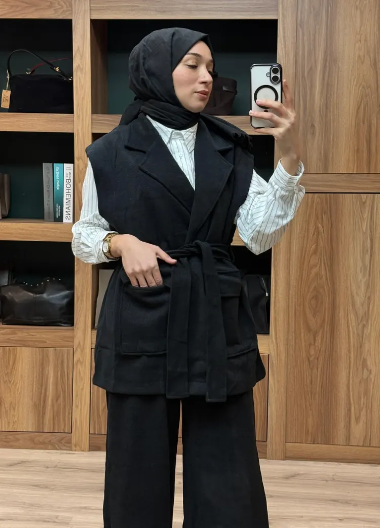 Kuşaklı Yelek Pantolon İkili Takım