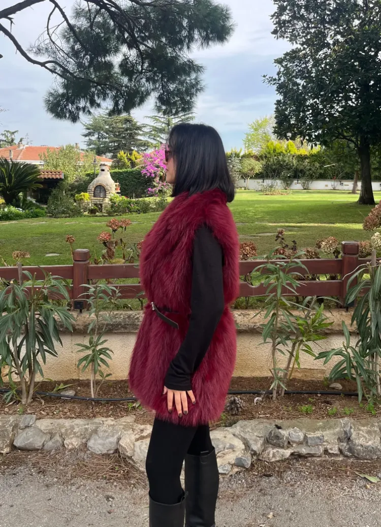 Kemerli Kürk Yelek - BORDO