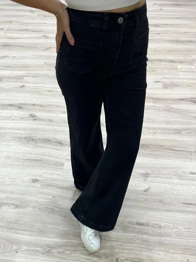 Bol Paça Yüksek Bel Denim Pantolon - SİYAH
