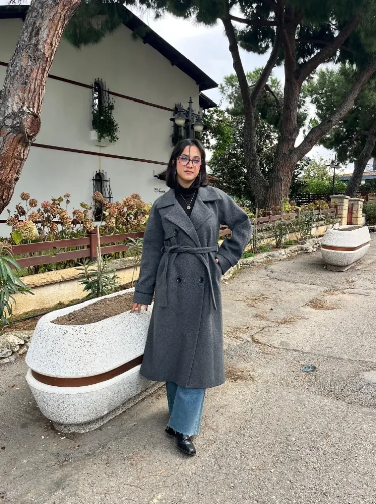 Çift Düğmeli Kemerli Kaşe Kaban - GRİ