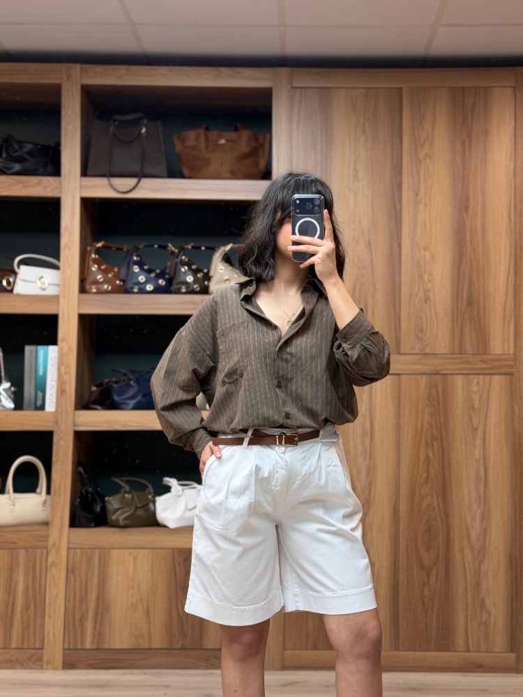 Beli Kemerli Licralı Gabardin Midi Boy Şort - BEYAZ
