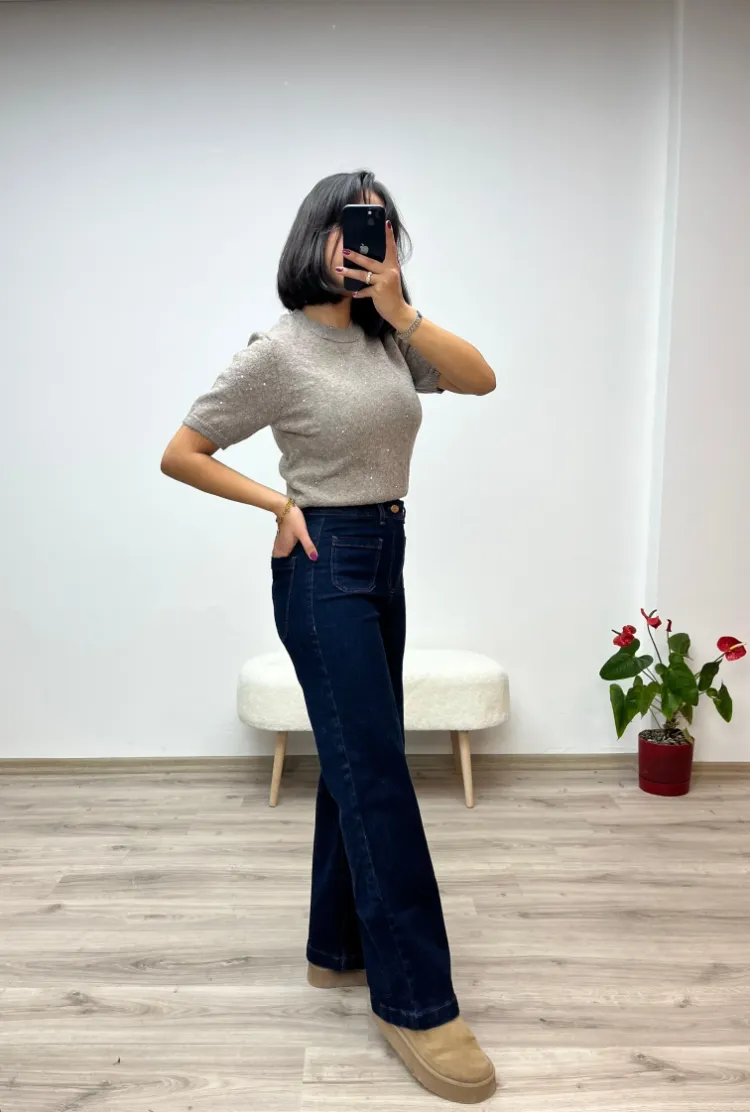Bol Paça Yüksek Bel Denim Pantolon - KOYU MAVİ