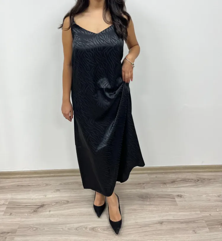Zebra Desenli Saten Elbise - SİYAH