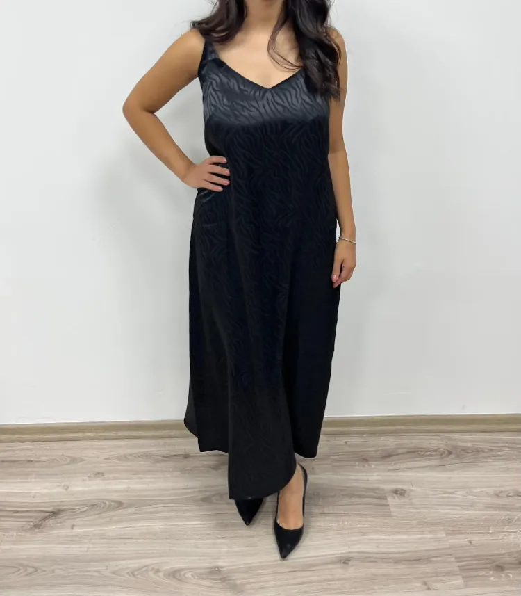 Zebra Desenli Saten Elbise - SİYAH