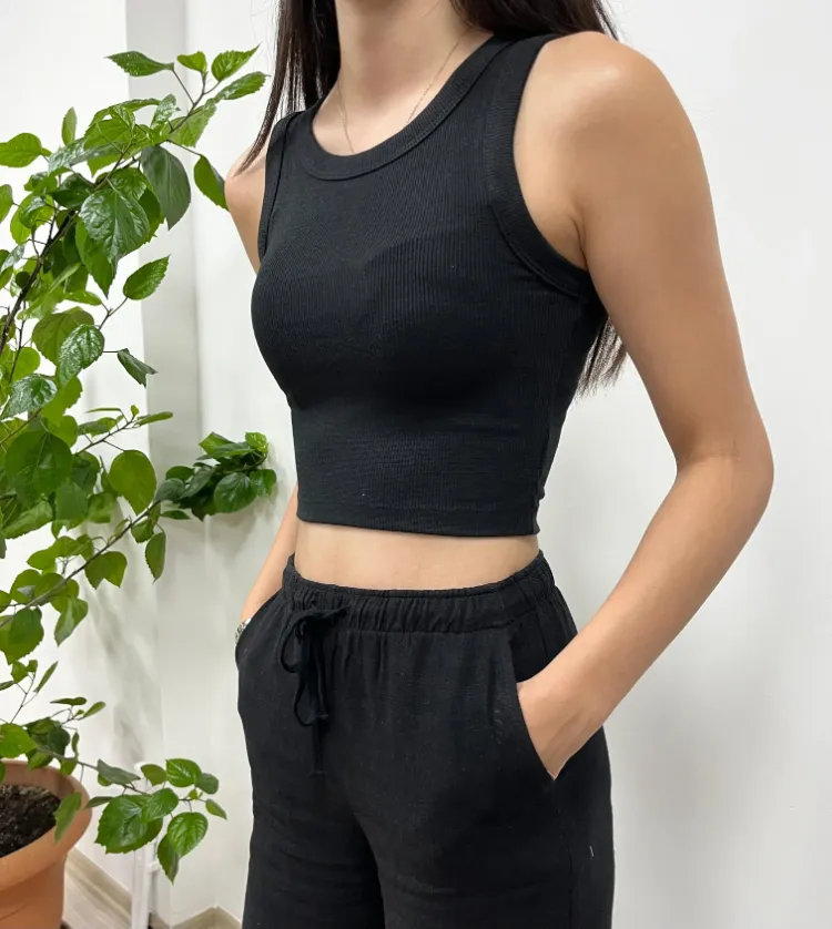 Pamuklu Ribana Crop Atlet - SİYAH