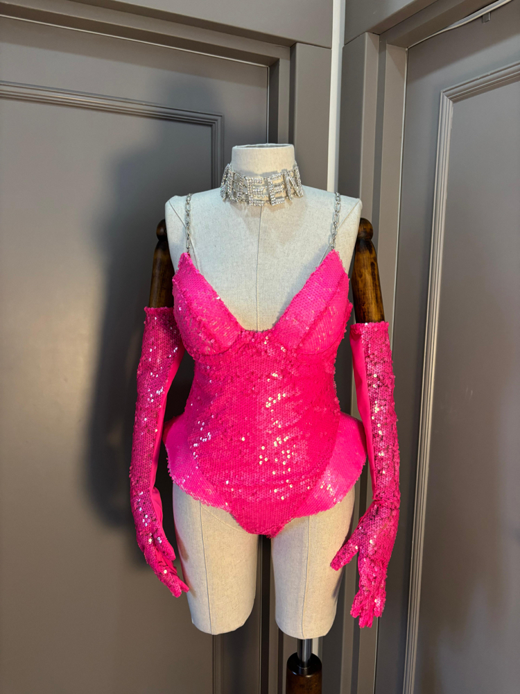 Neon Pembe Payetli Eldivenli Fantezi Body Takımı