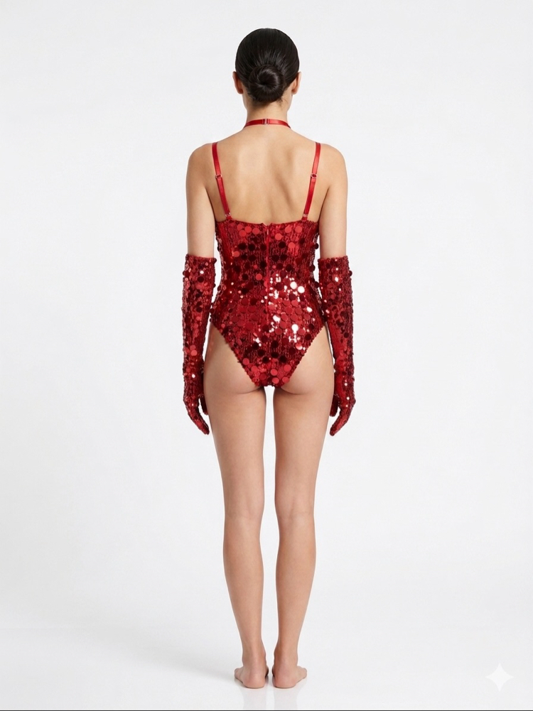 Kırmızı Payetli Eldivenli Maskeli Fantazi Body Set