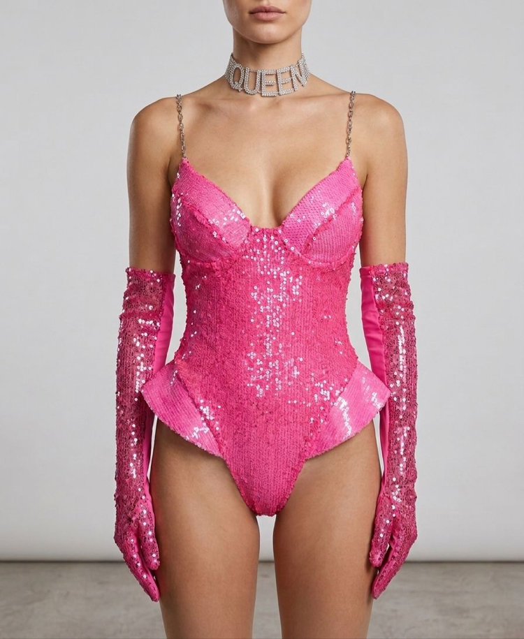 Neon Pembe Payetli Eldivenli Fantezi Body Takımı