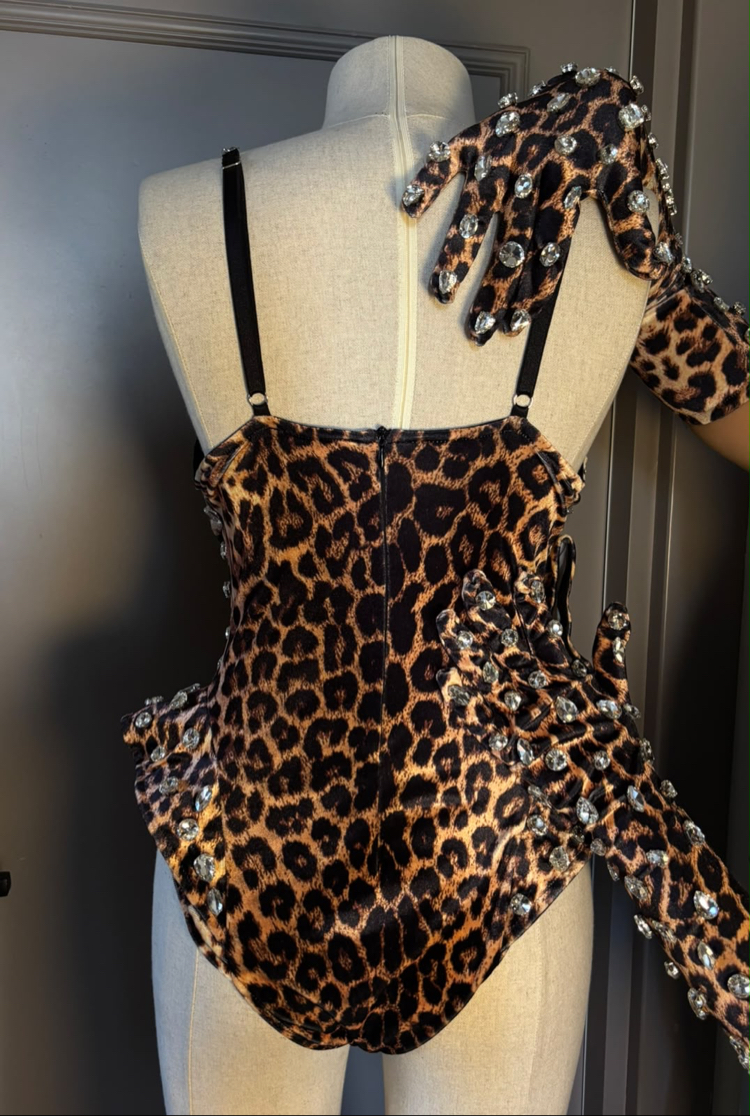Leopar Taş Işıltılı Bodysuit & Eldiven Seti