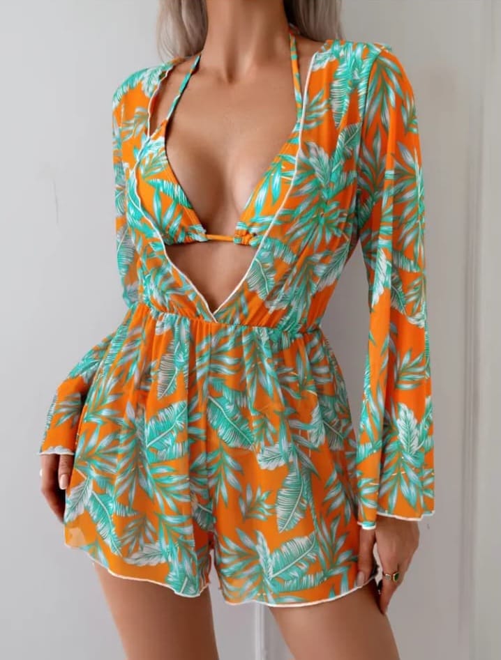 Tropik Desenli 3'lü Bikini & Şortlu Tulum Seti