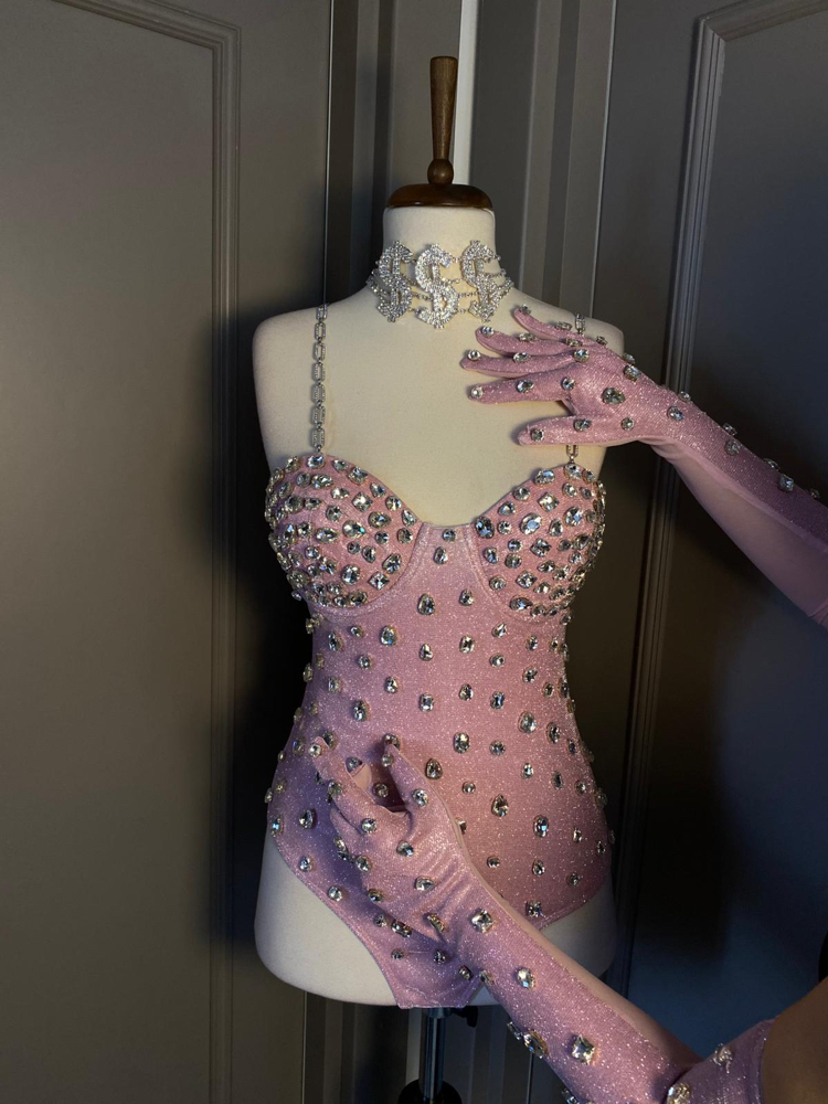 Princess Shine Taşlı Pembe Bodysuit & Eldiven Set