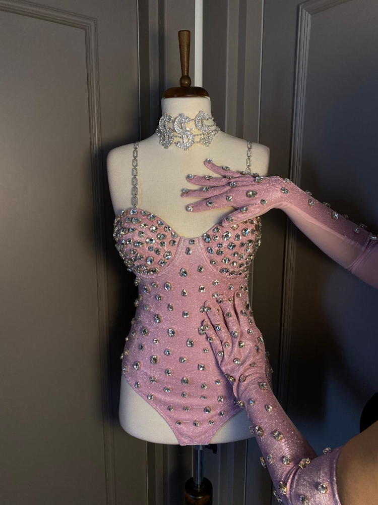 Princess Shine Taşlı Pembe Bodysuit & Eldiven Set