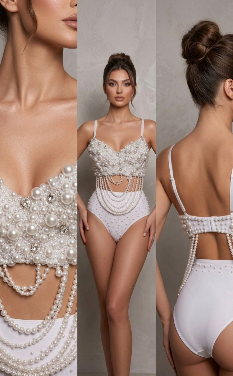 Pearl Luxury İnci Taşlı Zincir Detaylı Beyaz Bodysuit
