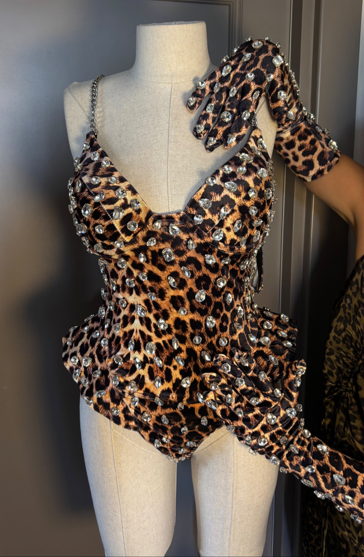 Leopar Taş Işıltılı Bodysuit & Eldiven Seti