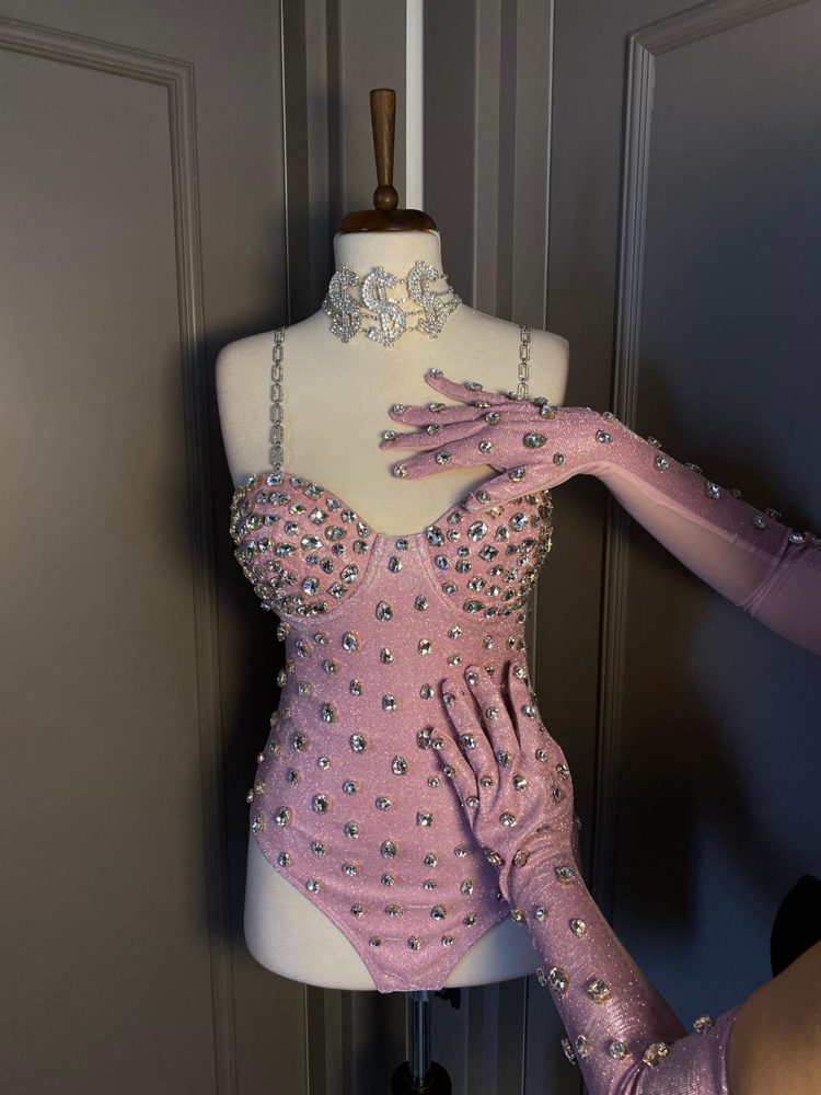 Princess Shine Taşlı Pembe Bodysuit & Eldiven Set