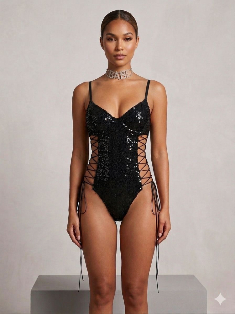 Gece Işıltısı Payet Detaylı Dekolteli Bodysuit