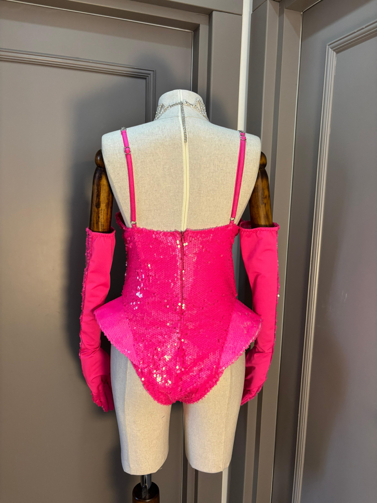 Neon Pembe Payetli Eldivenli Fantezi Body Takımı