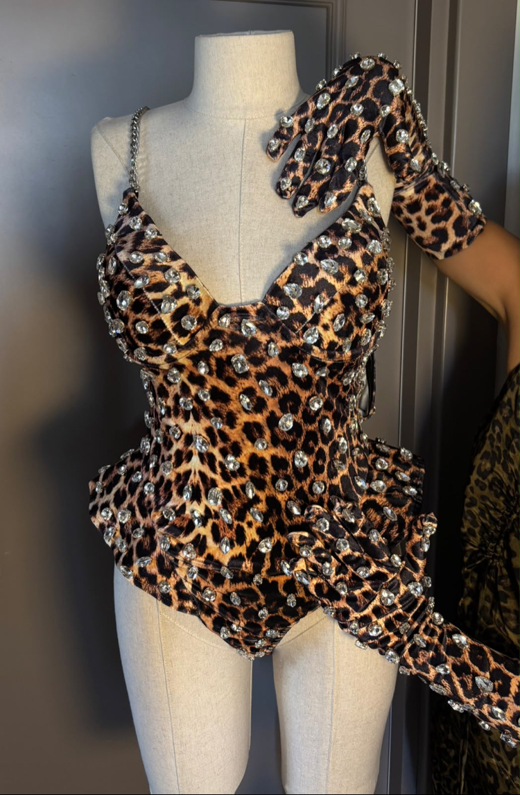 Leopar Taş Işıltılı Bodysuit & Eldiven Seti