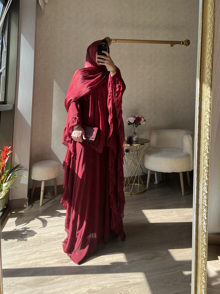 Bordo fırfır detaylı abaya 