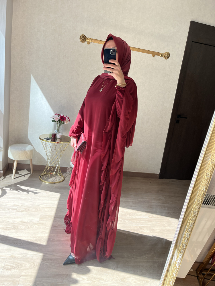 Bordo fırfır detaylı abaya 