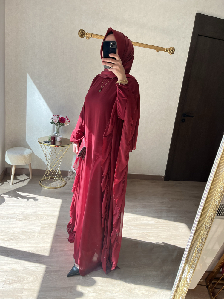 Bordo fırfır detaylı abaya 