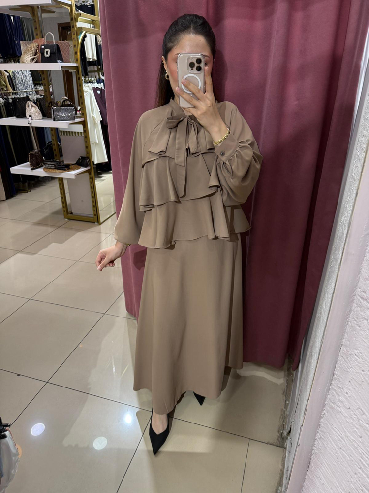 Dubai krep kumaş fırfırlı etek takım