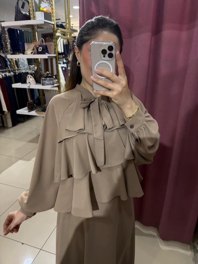 Dubai krep kumaş fırfırlı etek takım