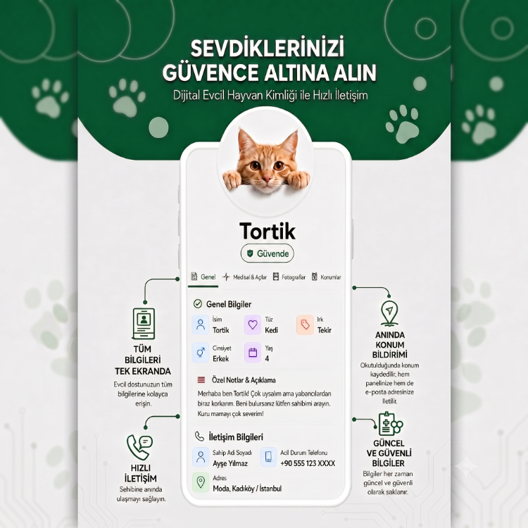 Kediler İçin Akıllı Künye, Anlık Konum Bildirimi, NFC + QR Teknolojisi, Dijital Profil