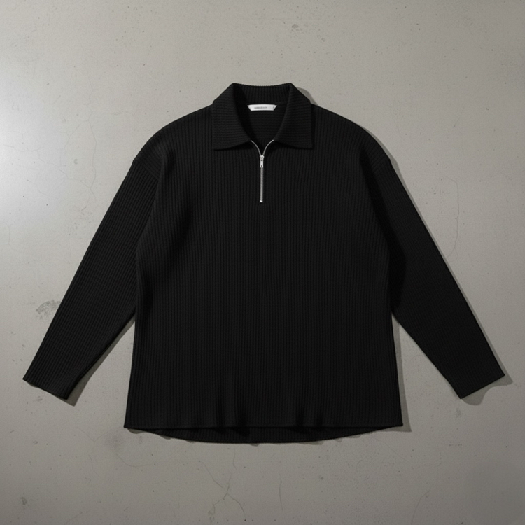 OVERSİZE FİTİLLİ ZİP POLO / SİYAH