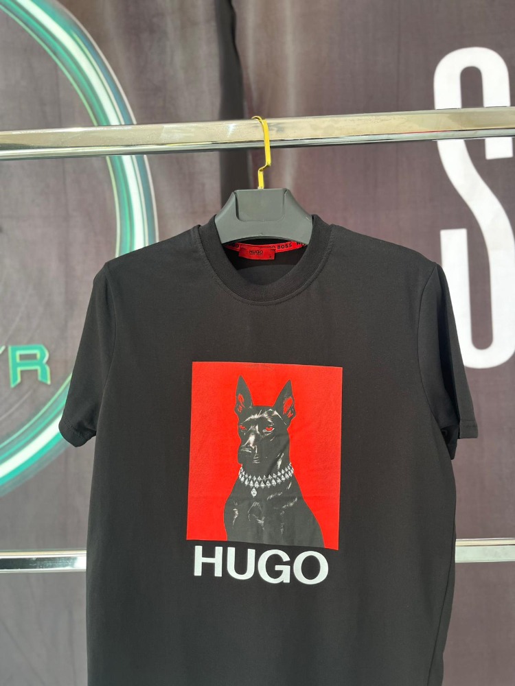 Hugo Boss Siyah Doberman Baskılı Premium Bisiklet Yaka Tshirt