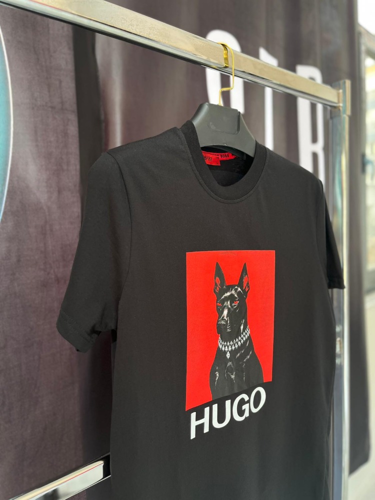 Hugo Boss Siyah Doberman Baskılı Premium Bisiklet Yaka Tshirt