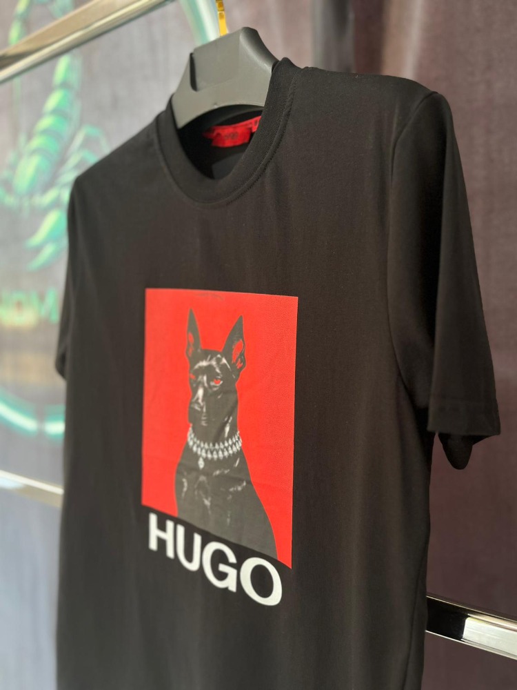 Hugo Boss Siyah Doberman Baskılı Premium Bisiklet Yaka Tshirt
