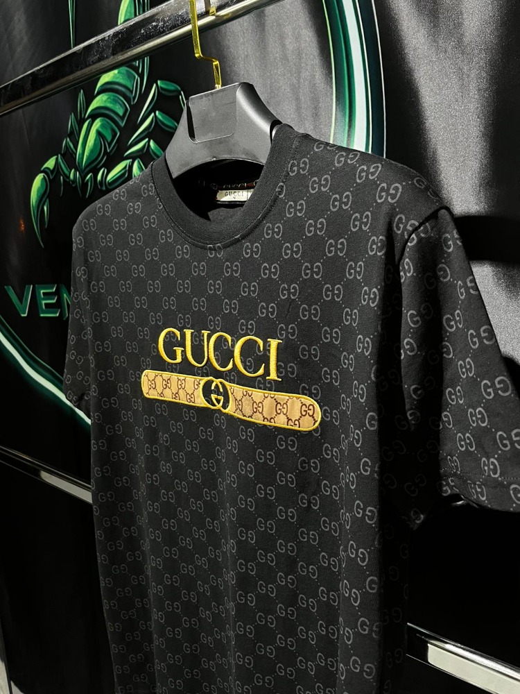 Gucci Siyah Monogram Premium Bisiklet Yaka Tshirt