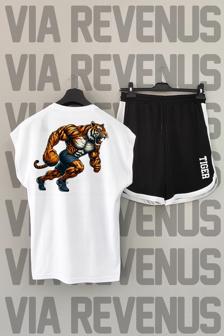 Tiger Baskılı Beyaz Sıfır Kol Tshirt Şort Takımı